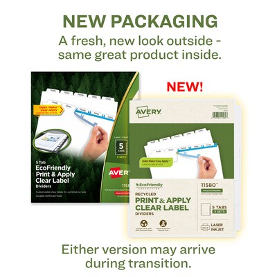 Avery Index Maker EcoFriendly Paper Dividers with Print & Apply Label Sheets, 5 Tabs, White, 5 Sets/Pack (11580)