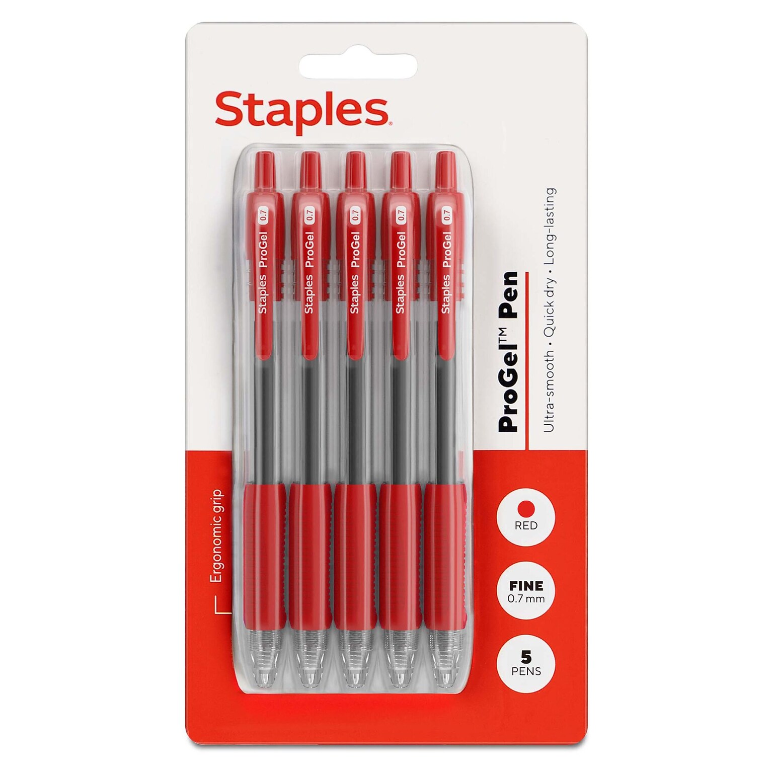 Staples ProGel™ Retractable Gel Pen, Fine Point, 0.7mm, Red Ink, 5/Pack (ST63014)