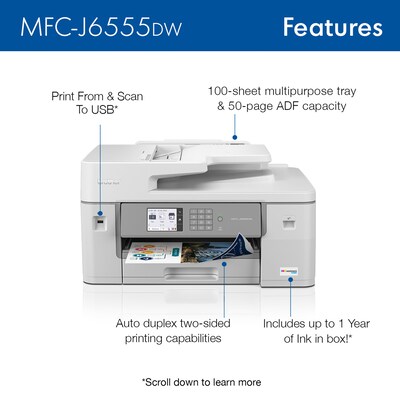 Brother INKvestment Tank MFC-J6555DW Wireless Color Inkjet Printer, All-In-One Supertank, Print, Scan, Copy, Fax