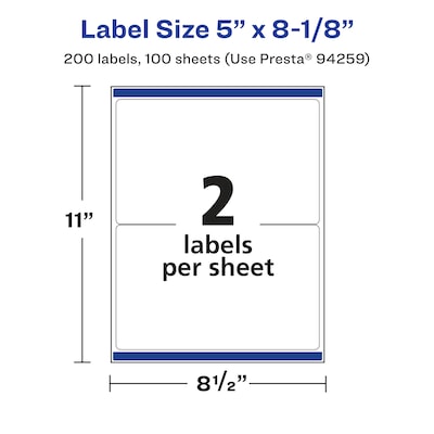 Avery Laser/Inkjet Rectangle Waterproof Multipurpose Labels, 8.125"  x 5", White, 200/Box (94259)