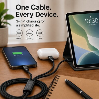 CODi 3-in-1 Charging Cable with USB-C Connection, Black (CB1068-1)