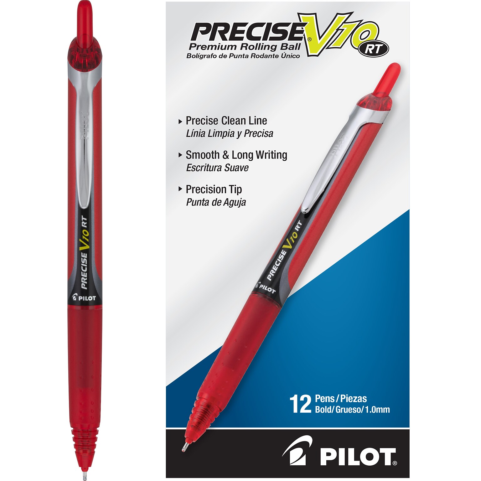 Pilot Precise V10 Retractable Rollerball Pens, Bold Point, 1.0mm, Red Ink, Dozen (PV1R-RED)