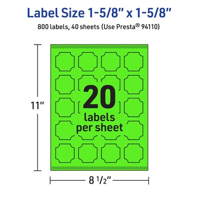 Avery Decorative Edge Multipurpose Labels, 1-5/8" x 1-5/8", Neon Green, 800/Pack (94110)