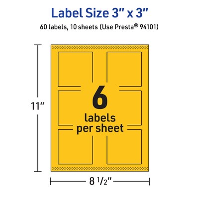 Avery Laser/Inkjet Square Multipurpose Labels, 3" x 3", Bright Yellow, 60/Pack (94101)