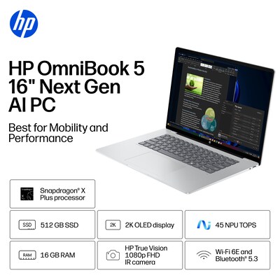 HP OmniBook 5 16 Laptop, Copilot+ PC, Snapdragon X Plus X1P-42-100, 16GB RAM, 512GB SSD, +34 Hour Battery, Windows 11