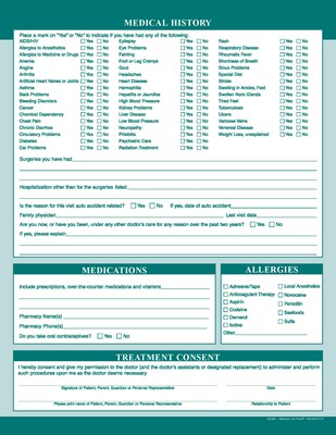 Medical Arts Press® Podiatry Registration and History Form, Teal, No Punch