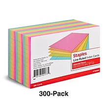 Staples 3 x 5 Index Cards, Lined, Assorted Colors, 300/Pack (TR50998)