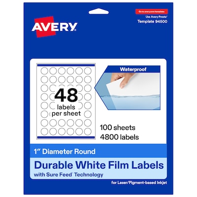 Avery Laser/Inkjet Circle  Waterproof Multipurpose Labels, 1  Dia, White, 4800/Box (94500)