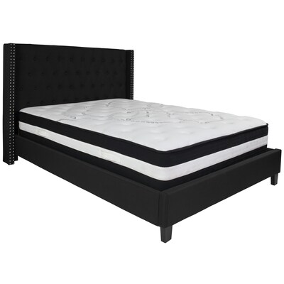 Flash Furniture Riverdale Tufted Upholstered Platform Bed in Black Fabric with Pocket Spring Mattres