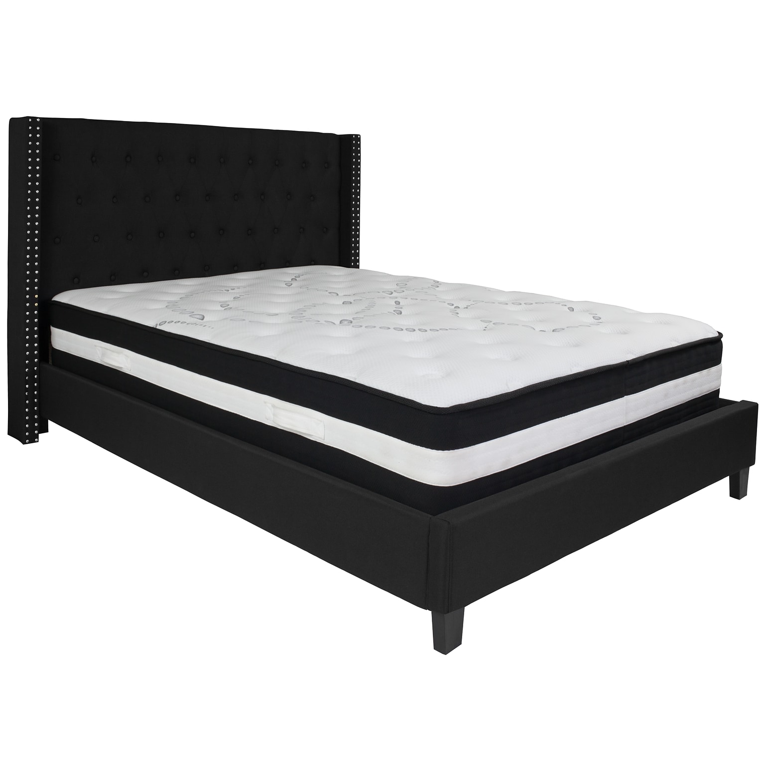 Flash Furniture Riverdale Tufted Upholstered Platform Bed in Black Fabric with Pocket Spring Mattress, Queen (HGBM39)