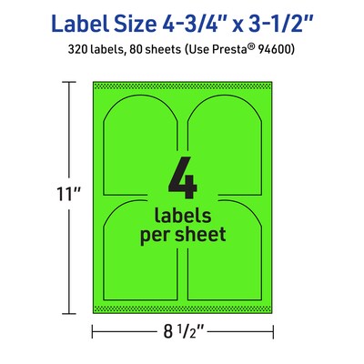 Avery Laser/Inkjet Multipurpose Decorative Edge Labels, 4.75" x 3.5", Neon Green, 320/Box (94600)