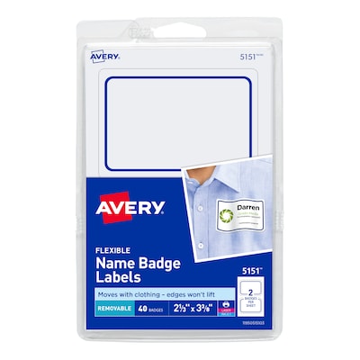 Avery Laser/Inkjet Name Badge Labels, 2 1/3 x 3 3/8, White/Blue, 2 Labels/Sheet, 20 Sheets/Pack (0