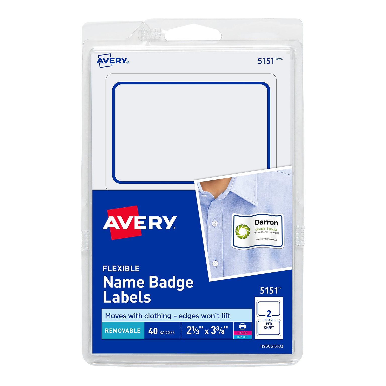 Avery Laser/Inkjet Name Badge Labels, 2 1/3 x 3 3/8, White/Blue, 2 Labels/Sheet, 20 Sheets/Pack (05151)