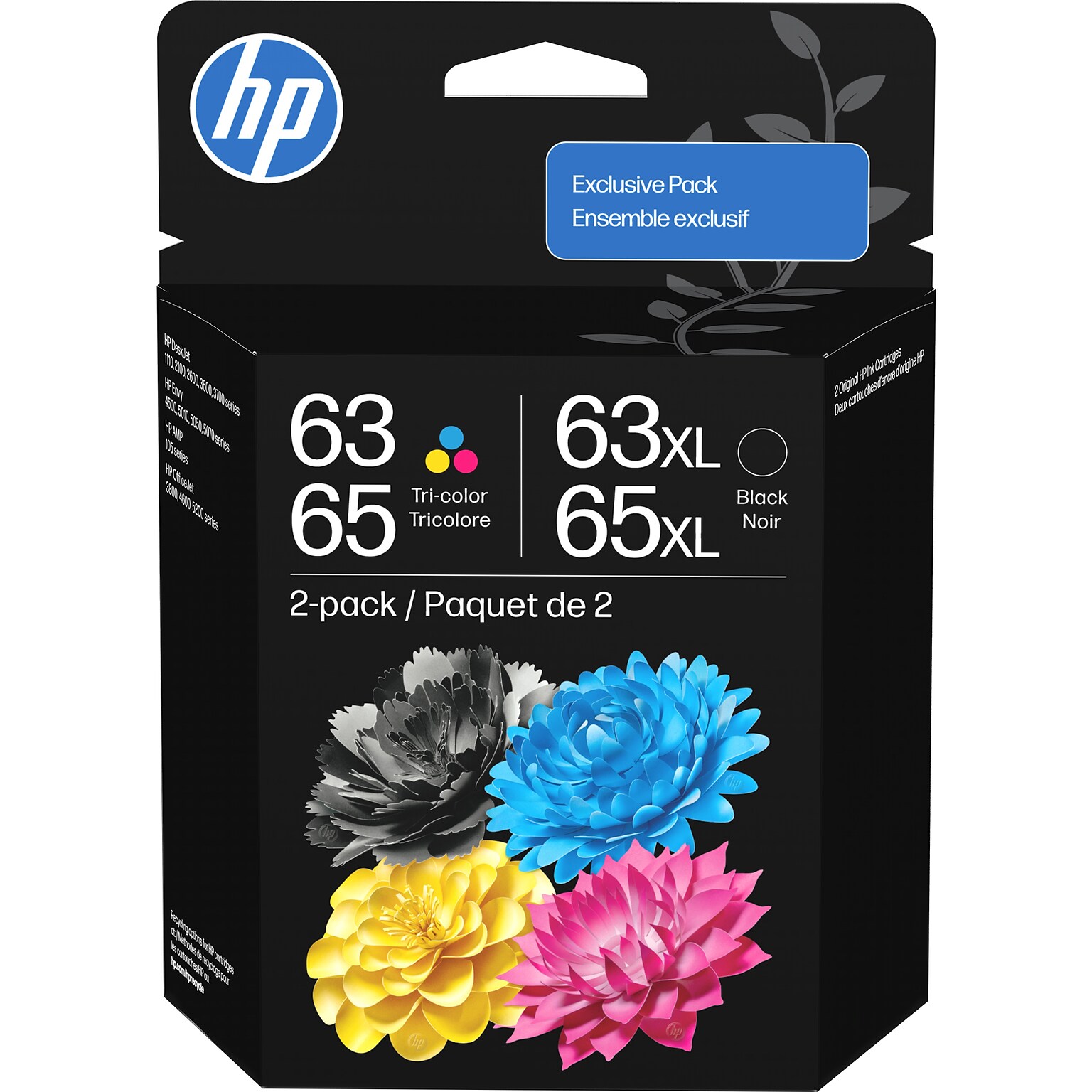 HP 63 / 65 XL Black High Yield and Tri-Color Standard Yield Ink Cartridge, 2/Pack (B87FDAN)