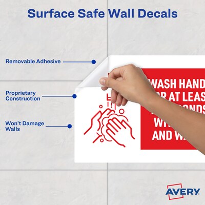 Avery Surface Safe "Wash Hands" Preprinted Wall Decals, 7" x 10", White/Red, 5/Pack (83175)