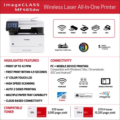 Canon ImageCLASS MF465dw Wireless Black & White Laser Printer, All-In-One, Print, Scan, Copy, Fax (5951C005)