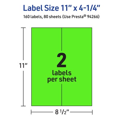 Avery Rectangle Multipurpose Labels, 11" x 4.25", Neon Green, 160/Box (94266)