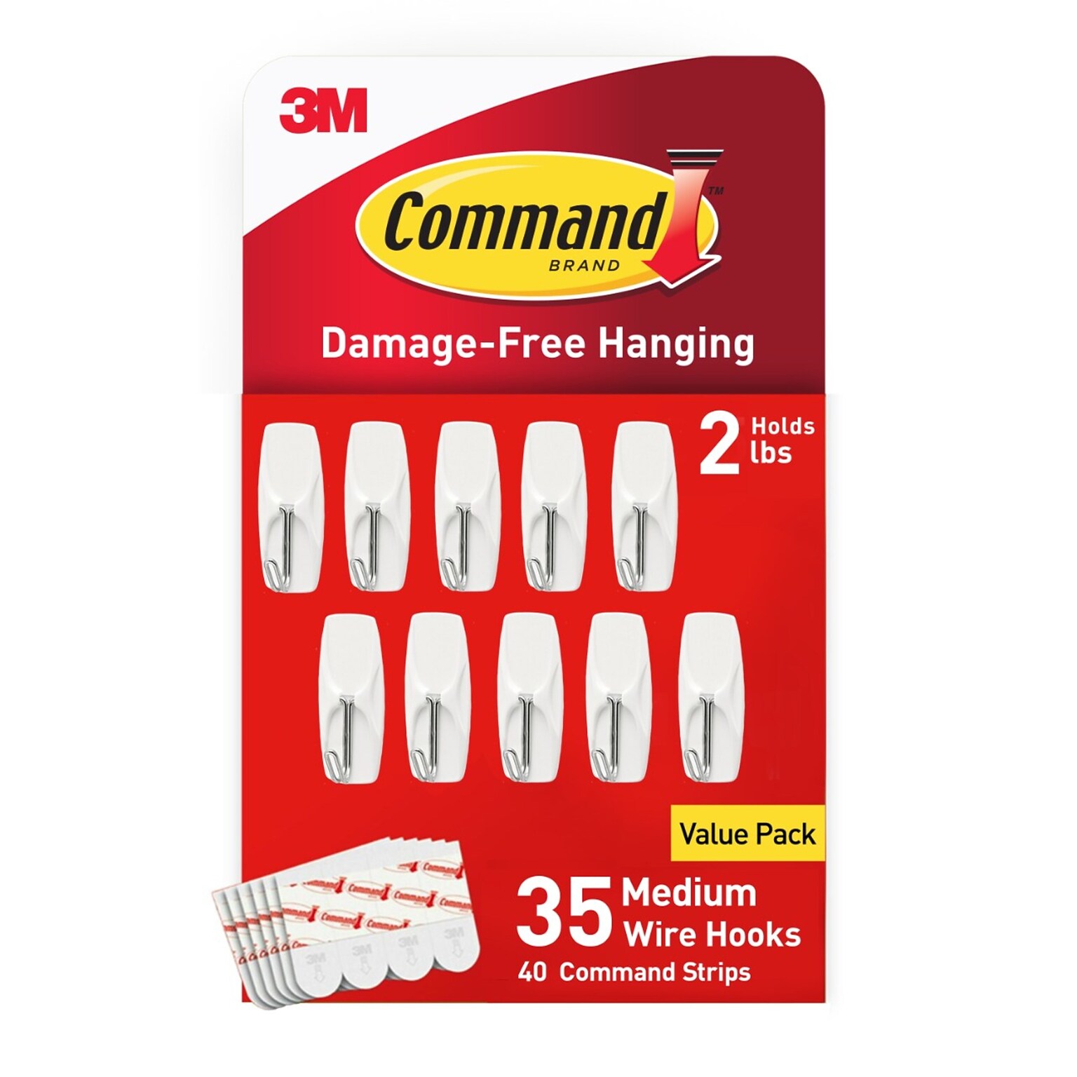 Command Medium Wire Hooks, 2 lb., White, 35/Pack (17065-S35NA)