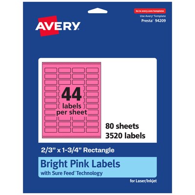Avery Rectangle Laser/Inkjet Multipurpose Labels, 2/3 x 1-3/4, Bright Pink (3520/Box)