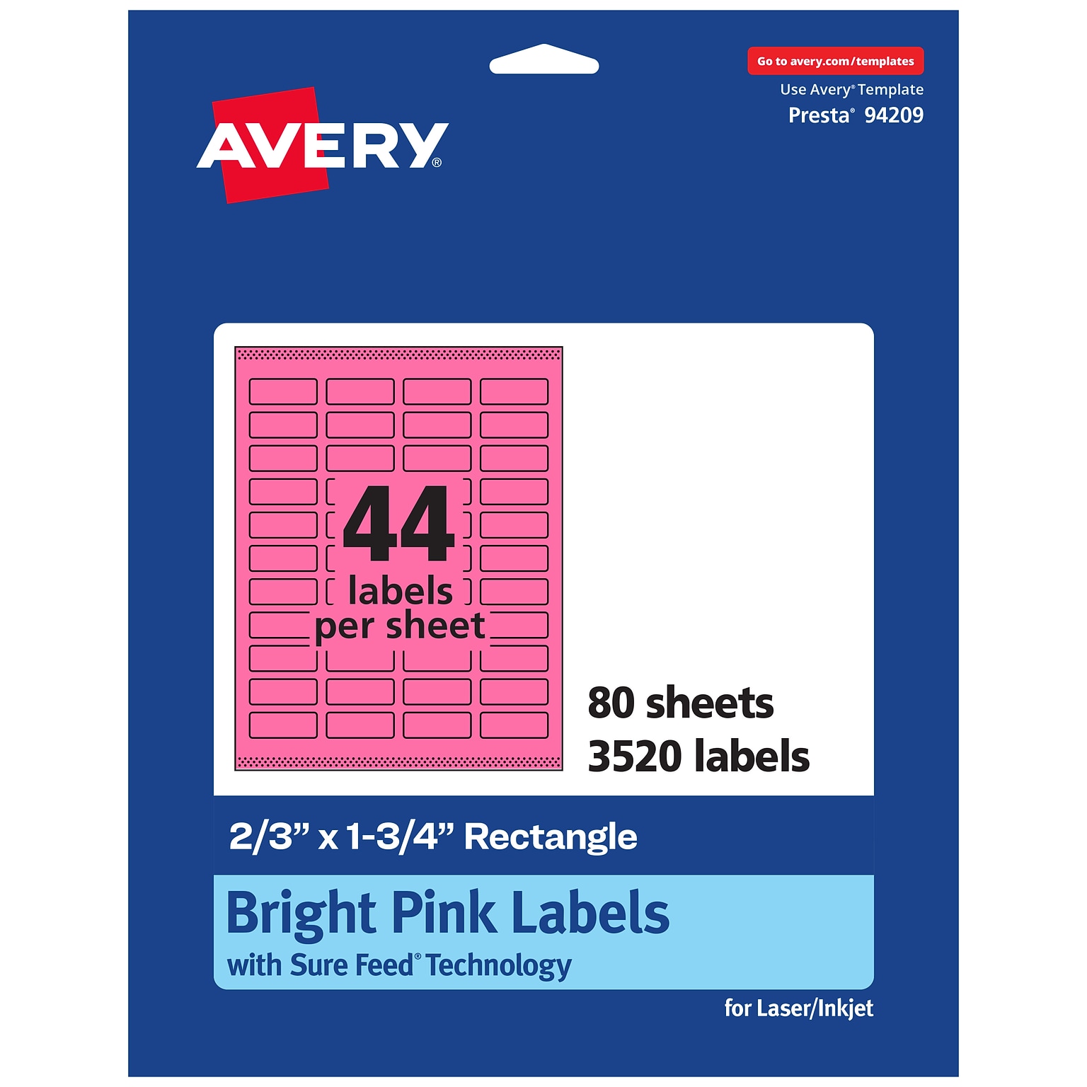 Avery Rectangle Laser/Inkjet Multipurpose Labels, 2/3 x 1-3/4, Bright Pink (3520/Box)