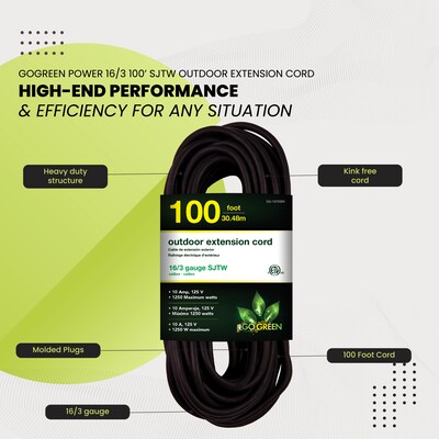 GoGreen Power 100' Indoor/Outdoor Extension Cord, 16 AWG, Black (GG-13700BK)