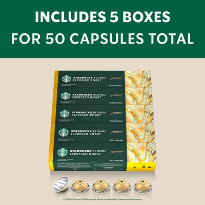 Nespresso Starbucks Blonde Espresso Roast Coffee Nespresso Vertuo Capsules, Light Roast, 50/Pack (163922)