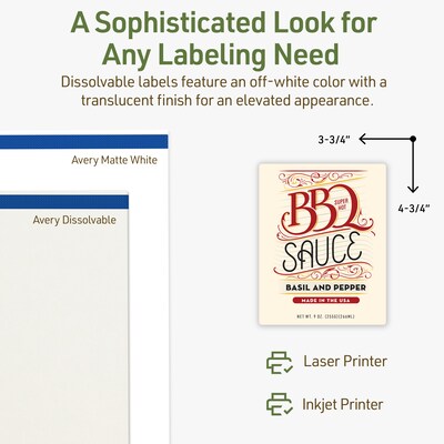 Avery Dissolvable Rectangle Multipurpose Labels, 4.75" x 3.75", Off-white, 20/Pack (94254)