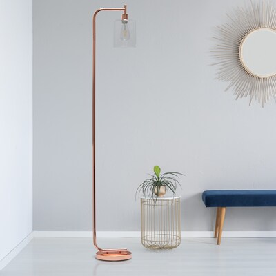 Simple Designs Modern Iron Lantern Floor Lamp with Glass Shade, Rose Gold (LF2009-RGD)