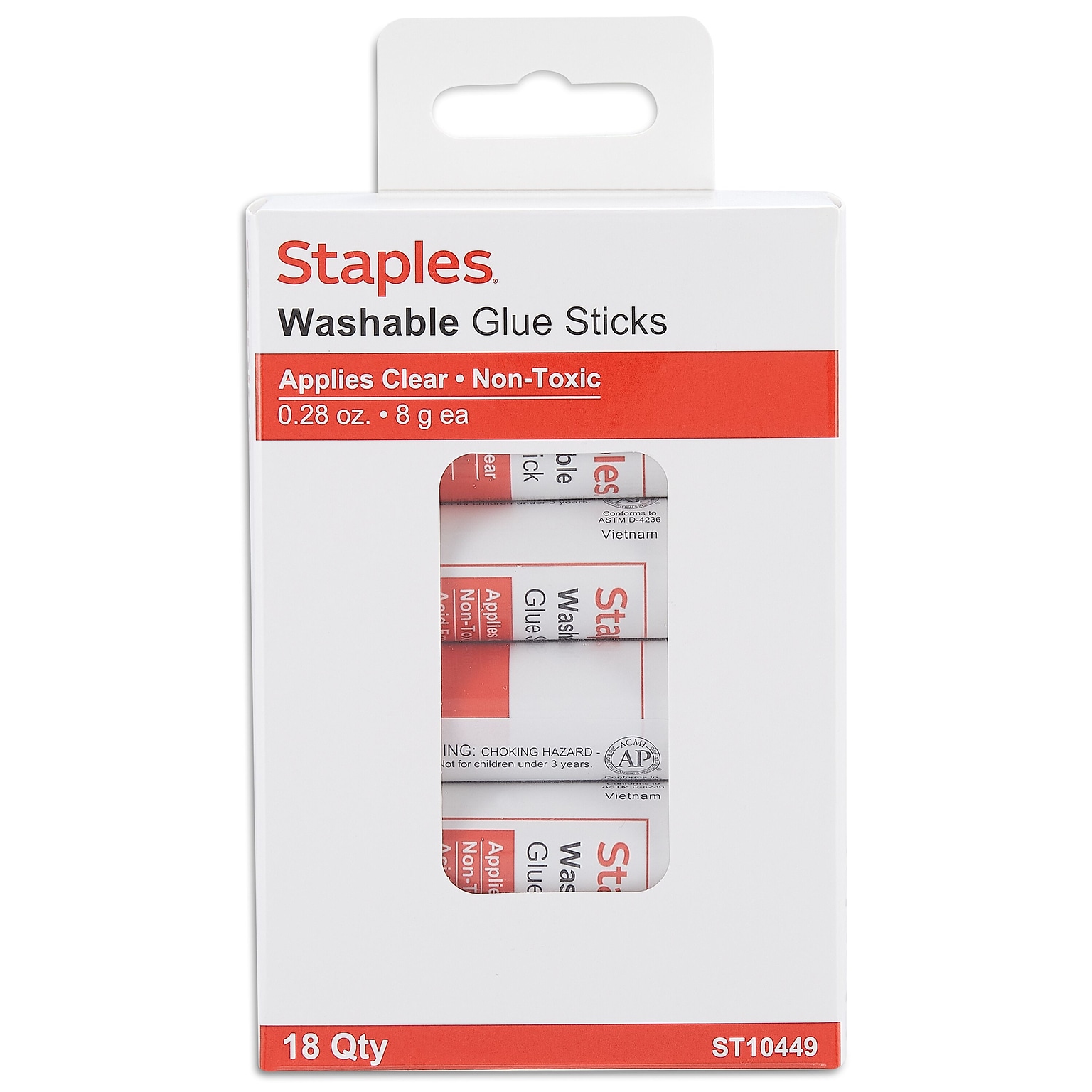 Staples® Washable Glue Sticks, 0.28 oz., Clear, 18/Pack (ST10449/10449)