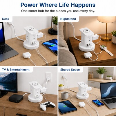 Uncaged Ergonomics USB-C Wireless 6 ft. Retractable Power Strip with 15W Wireless Charger, 4-Outlet, White (WRPS-2-White)