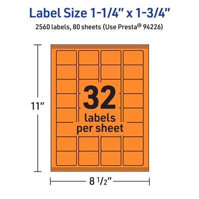 Avery Laser/Inkjet Multipurpose Rectangle Labels, 1.25" x 1.75", Bright Orange, 2560/Box (94226)