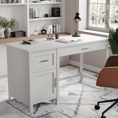 Martha Stewart Hutton 54"W Engineered Wood Rectangular Shaker Style Home Office Desk, Gray/Brushed Nickel (ZGZP09GY)