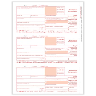 ComplyRight 2024 1099-NEC Tax Form, 1-Part, 3-Up, Federal Copy A, 50/Pack (NEC511050)