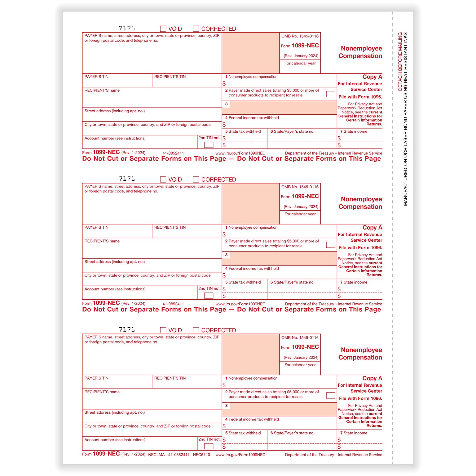 ComplyRight 2024 1099-NEC Tax Form, 1-Part, 3-Up, Federal Copy A, 50/Pack (NEC511050)