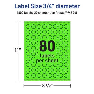 Avery Laser/Inkjet Multipurpose Circle Labels, 0.75" Dia., Neon Green, 1600/Pack (94504)