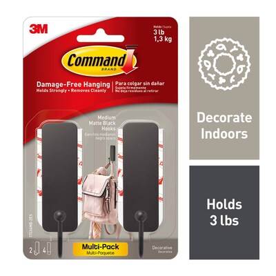 Command Medium Designer Hooks, 3 lb., Matte Black, 2/Pack (17034MB-2ES)