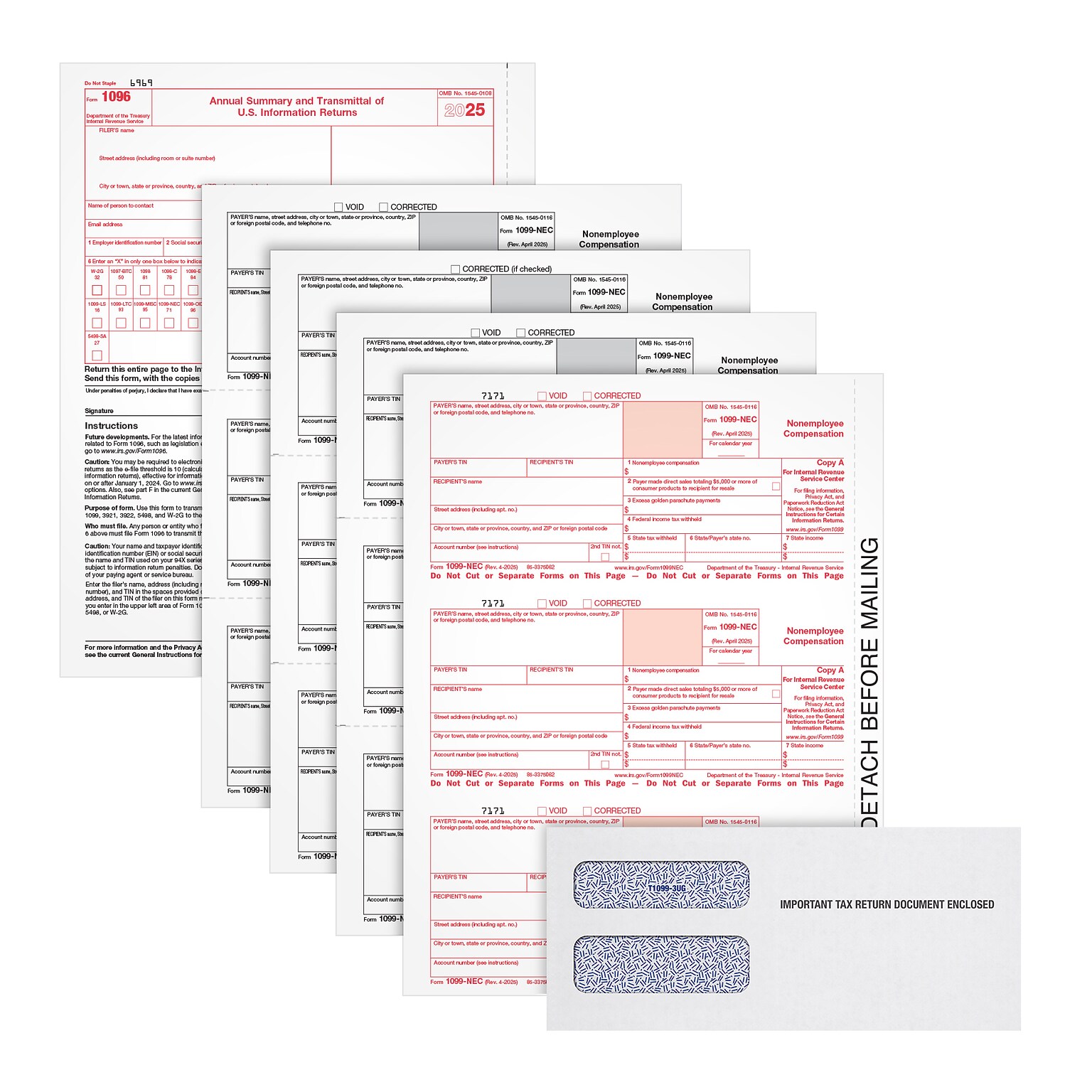 Adams Employees Copies Cut Sheet 2025 1099-NEC Tax Form Kit with Envelopes, 4-Part, Copy A, B, 100/Pack (LNEC4KIT-S)