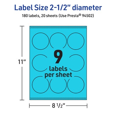 Avery Laser/Inkjet Multipurpose Circle Labels, 2.5" Dia., Bright Blue, 180/Pack (94502)