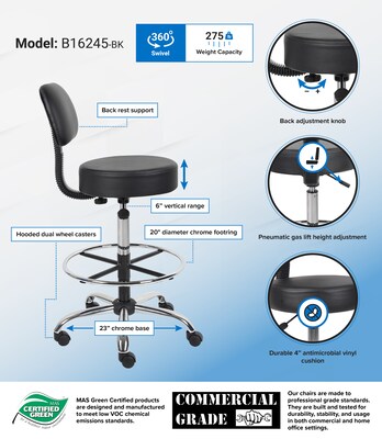 Boss CareSoft Medical/Drafting Stool with Back Cushion; Black
