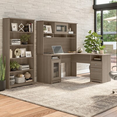 Bush Furniture Cabot 60W L-Shaped Desk with Hutch and 5-Shelf Bookcase, Ash Gray (CAB011AG)