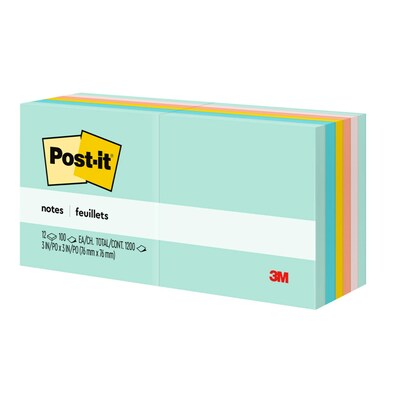 Post-it Notes, 3" x 3", Beachside Café Collection, 100 Sheets/Pad, 12 Pads/Pack (654-AST)