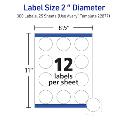 Avery Printable Round Labels with Sure Feed, 2" Dia, Matte White, 300 Labels/Pack (22877)