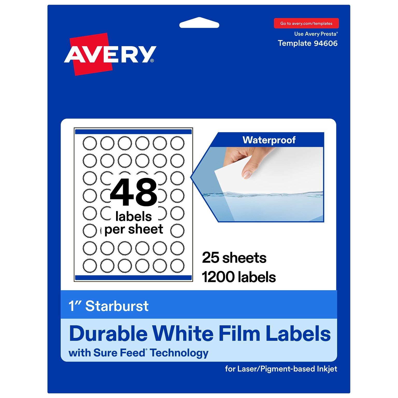 Avery Laser/Inkjet Starburst Waterproof Multipurpose Labels, 1  Dia, White, 1200/Pack (94606)