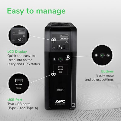 APC Back-UPS Pro 1500VA Battery Backup and Surge Protector, 10-Outlets, Black (BR1500MS2)