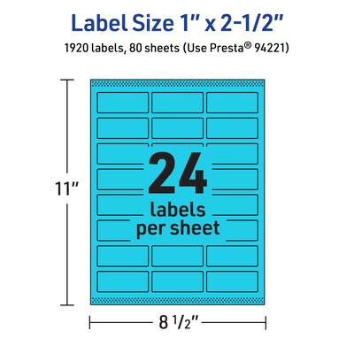 Avery Rectangle Multipurpose Labels, 1" x 2.5", Bright Blue, 1920/Box (94221)