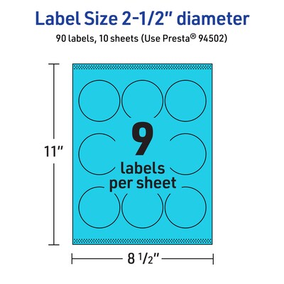 Avery Laser/Inkjet Multipurpose Circle Labels, 2.5" Dia., Bright Blue, 90/Pack (94502)