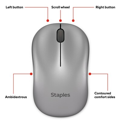 Staples TECH Wireless Ambidextrous Optical USB Mouse, Gray (ST63066)