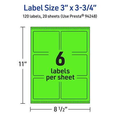 Avery Laser/Inkjet Multipurpose Rectangle Labels, 3" x 3.75", Neon Green, 120/Pack (94248)