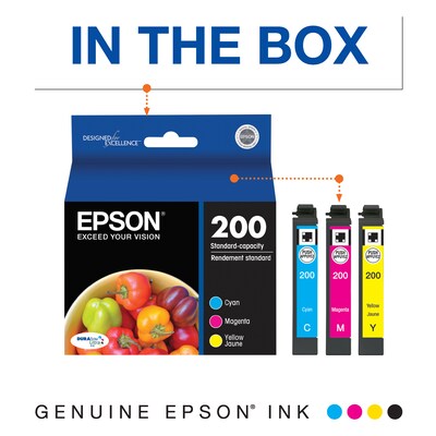 Epson T200 Cyan/Magenta/Yellow Standard Yield Ink Cartridge, 3/Pack