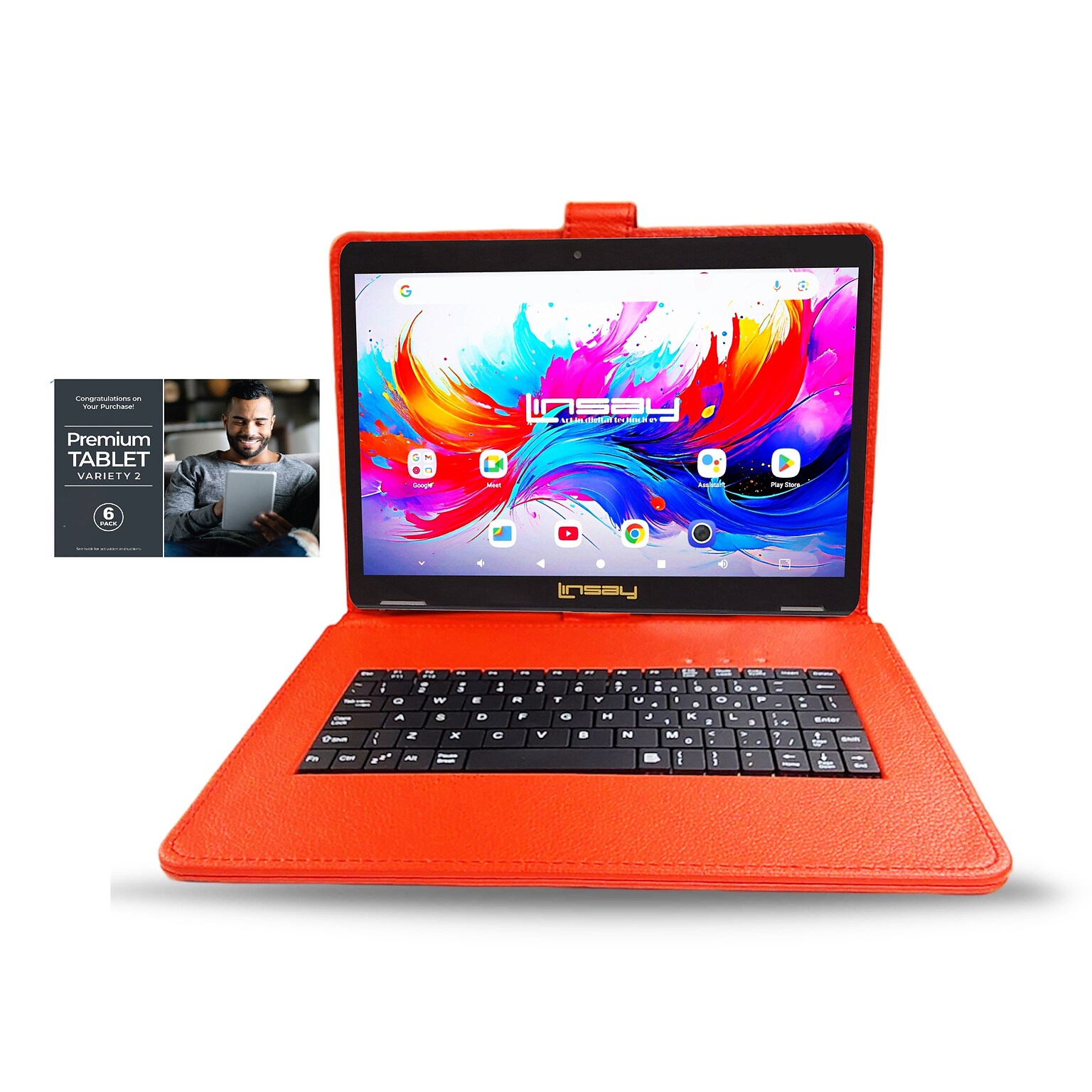 Linsay F10 Series 10.1 Tablet, Wi-Fi, Octa Core, 256GB eMMC, Android 15, with Red Keyboard Case (F10XIPSREDSPLUS)